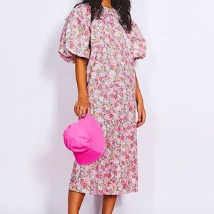 NWT H&M Pink Floral Puff-Sleeve Midi Dress